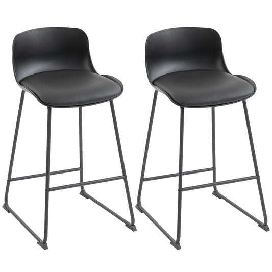 HOMCOM Modern Bar Stools Set of 2, PU Leather Barstools, Counter Height Kitchen Chairs for Breakfast Bars, Dining Room, Black