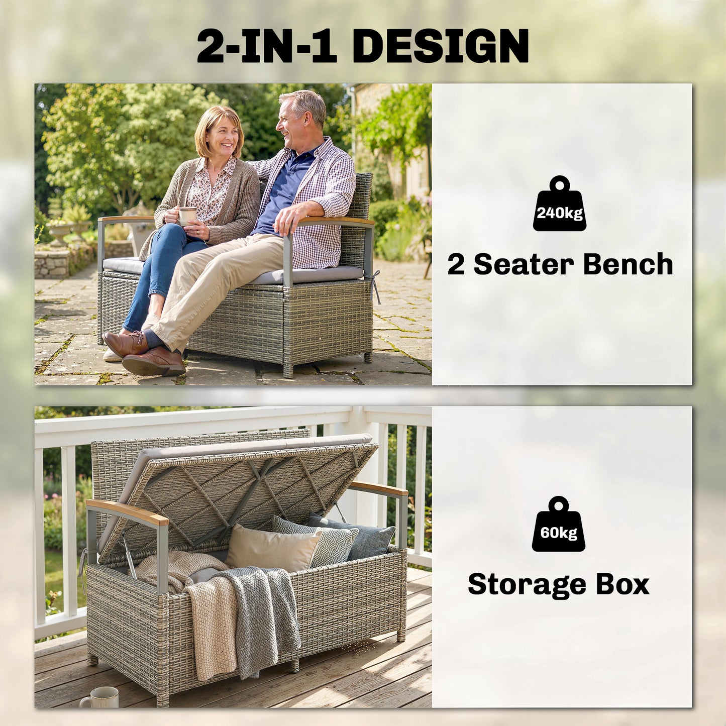 Outsunny 144 L Garden Storage Bench with Zipped Liner, 2 Seater Rattan Garden Bench with Storage, Gas Strut, Cushion, Light Grey
