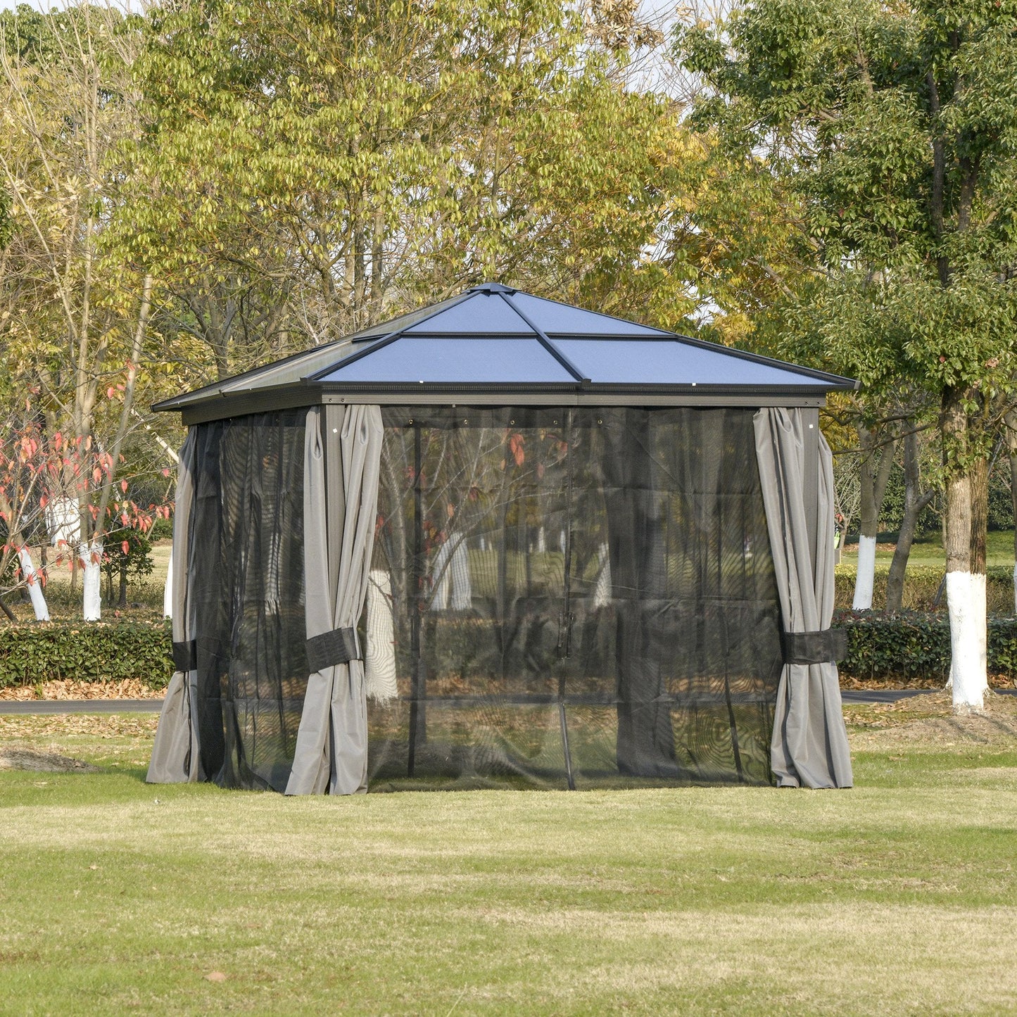 Outsunny 3 x 3(m) Hardtop Gazebo Canopy with Polycarbonate Roof, Aluminium Frame, Permanent Pavilion Garden Gazebo with Netting and Curtains for Patio, Deck, Dark Grey