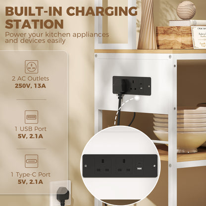 HOMCOM Kitchen Storage Rack with Power Outlet, USB and Type-C Ports, Drawer, Shelves and 4 Hooks, Oak and White