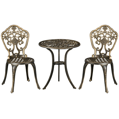 Outsunny 3 Piece Cast Aluminium Garden Bistro Set for 2 with Parasol Hole, Outdoor Coffee Table Set, Two Armless Chairs and Round Coffee Table