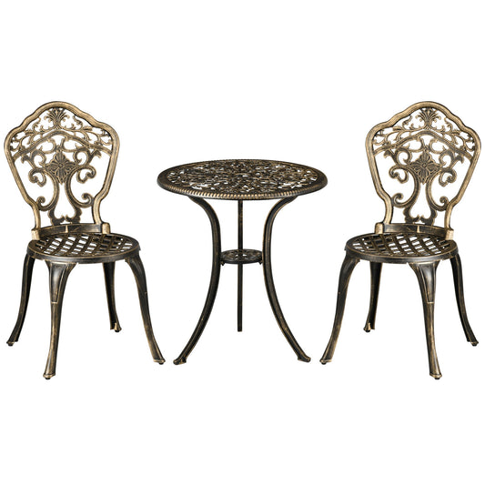 Outsunny 3 Piece Cast Aluminium Garden Bistro Set for 2 with Parasol Hole, Outdoor Coffee Table Set, Two Armless Chairs and Round Coffee Table