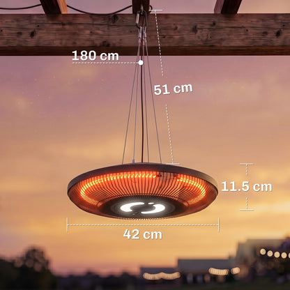 Outsunny Hanging Electric Patio Heater with LED Light, 1000/2000 W IP65 Outdoor Infrared Heater with Touch/Remote Control, Black