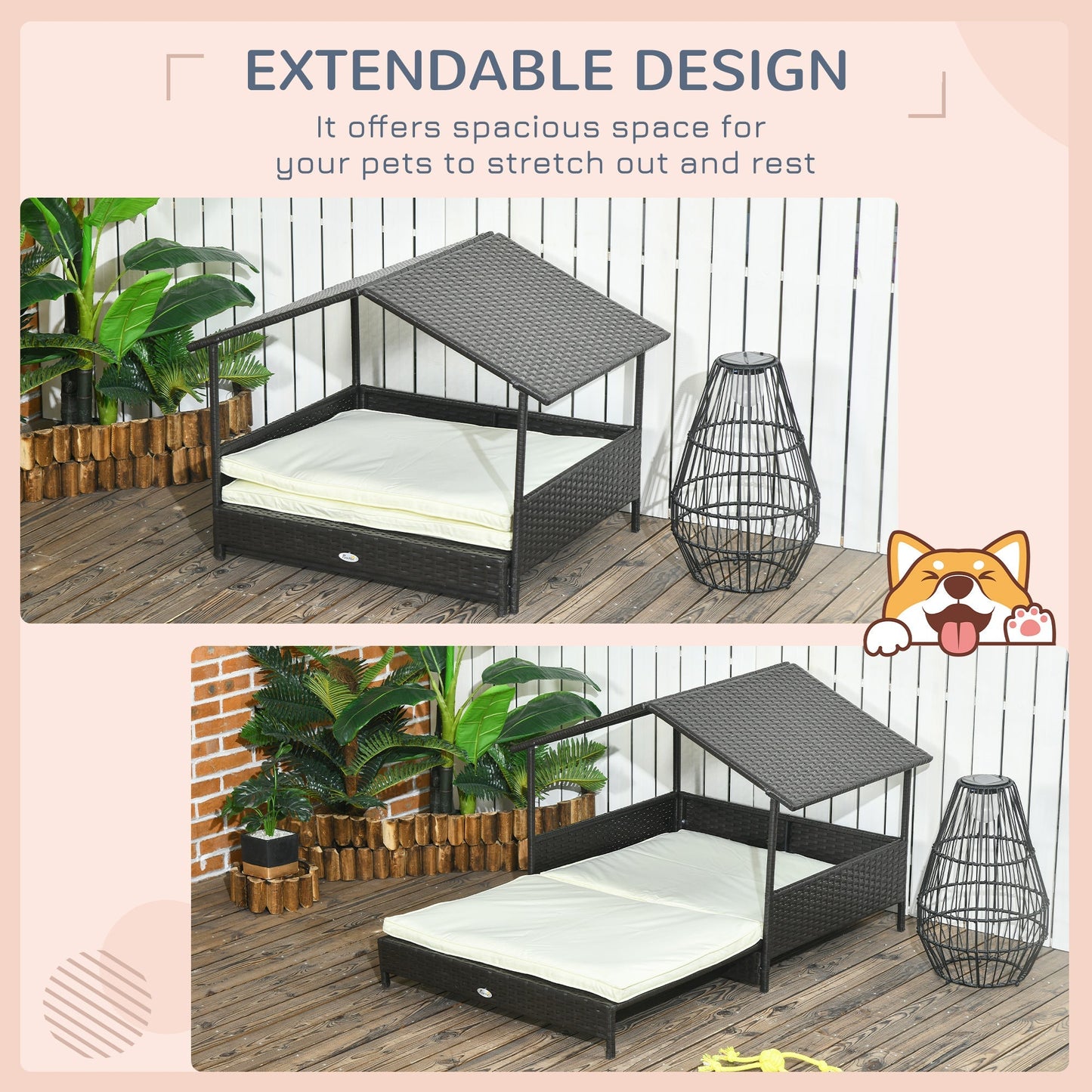 PawHut Extendable Elevated Dog Bed, Rattan Dog House, with Water-Resistant Roof, Removable Cushion, for Small, Medium Dogs