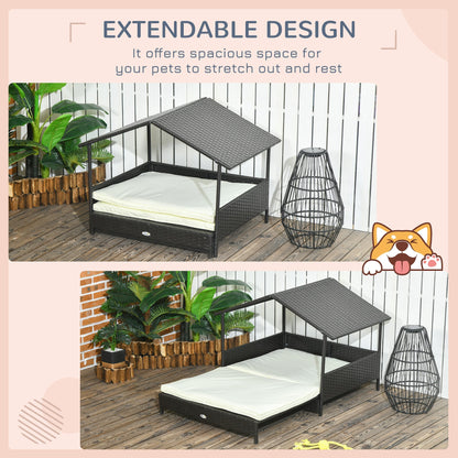 PawHut Extendable Elevated Dog Bed, Rattan Dog House, with Water-Resistant Roof, Removable Cushion, for Small, Medium Dogs