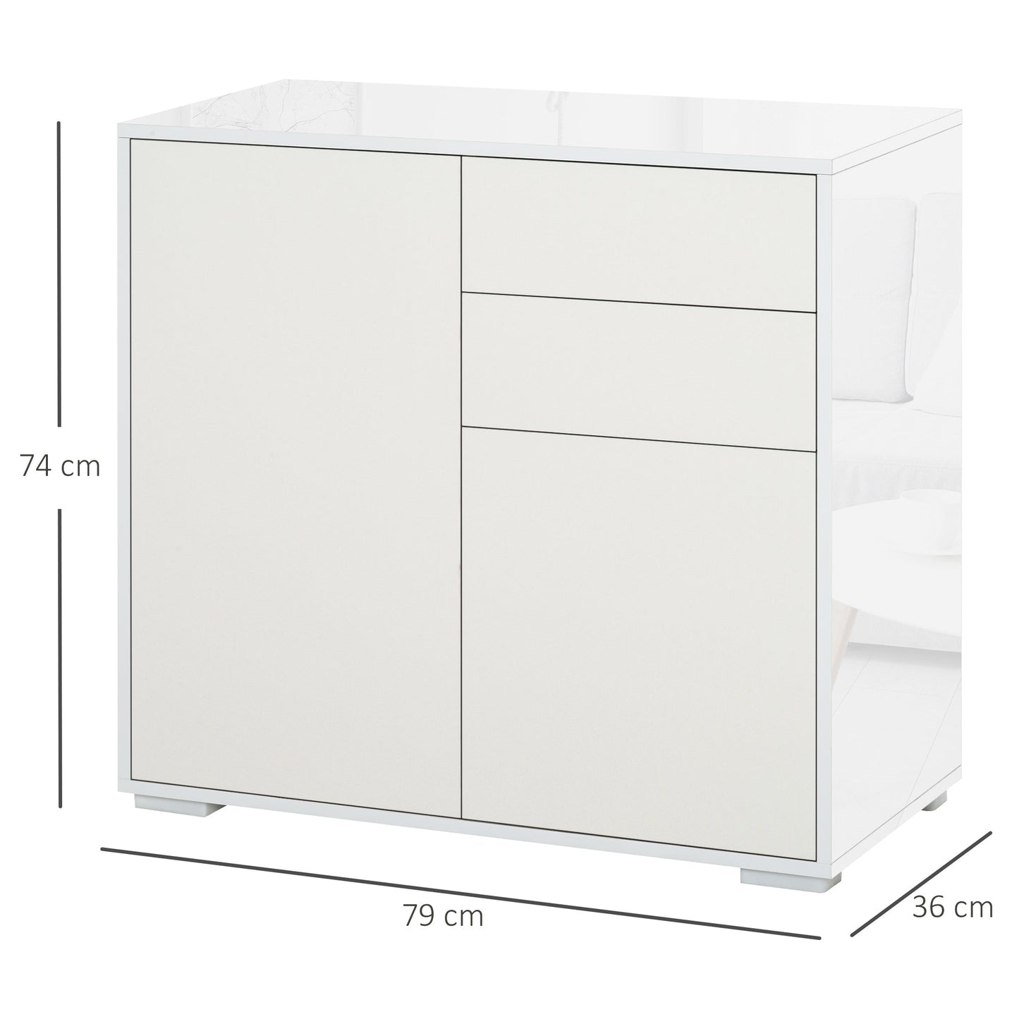 HOMCOM High Gloss Frame Sideboard, Push-Open Design with 2 Drawer for Living Room, Bedroom, 74H x 79W x 36Dcm, White
