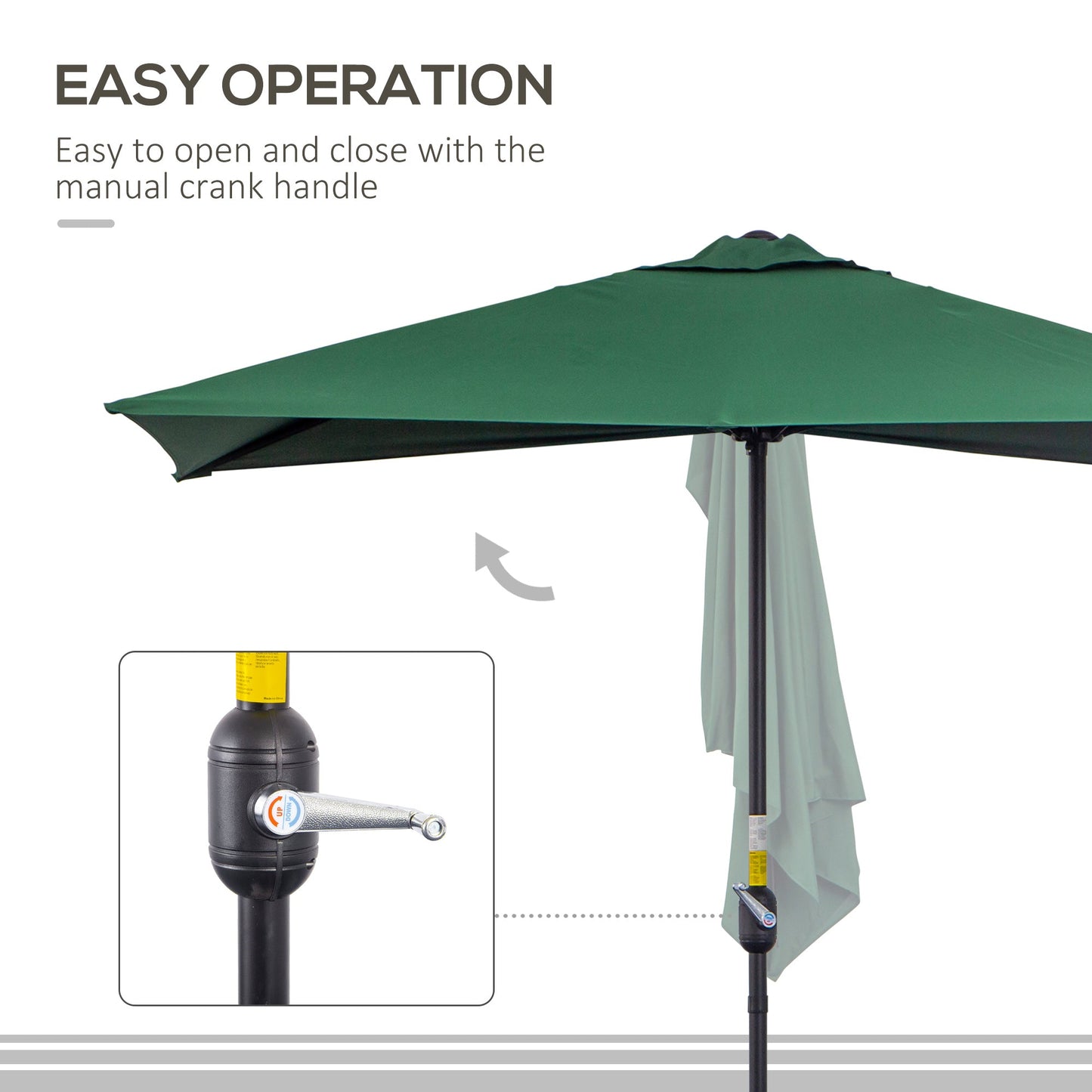 Outsunny Balcony Half Parasol Semi Round Umbrella Patio Crank Handle (2.3 m, Green)- NO BASE INCLUDED