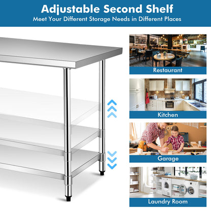 Stainless Steel Catering Table with Adjustable Undershelf and Leveling Feet