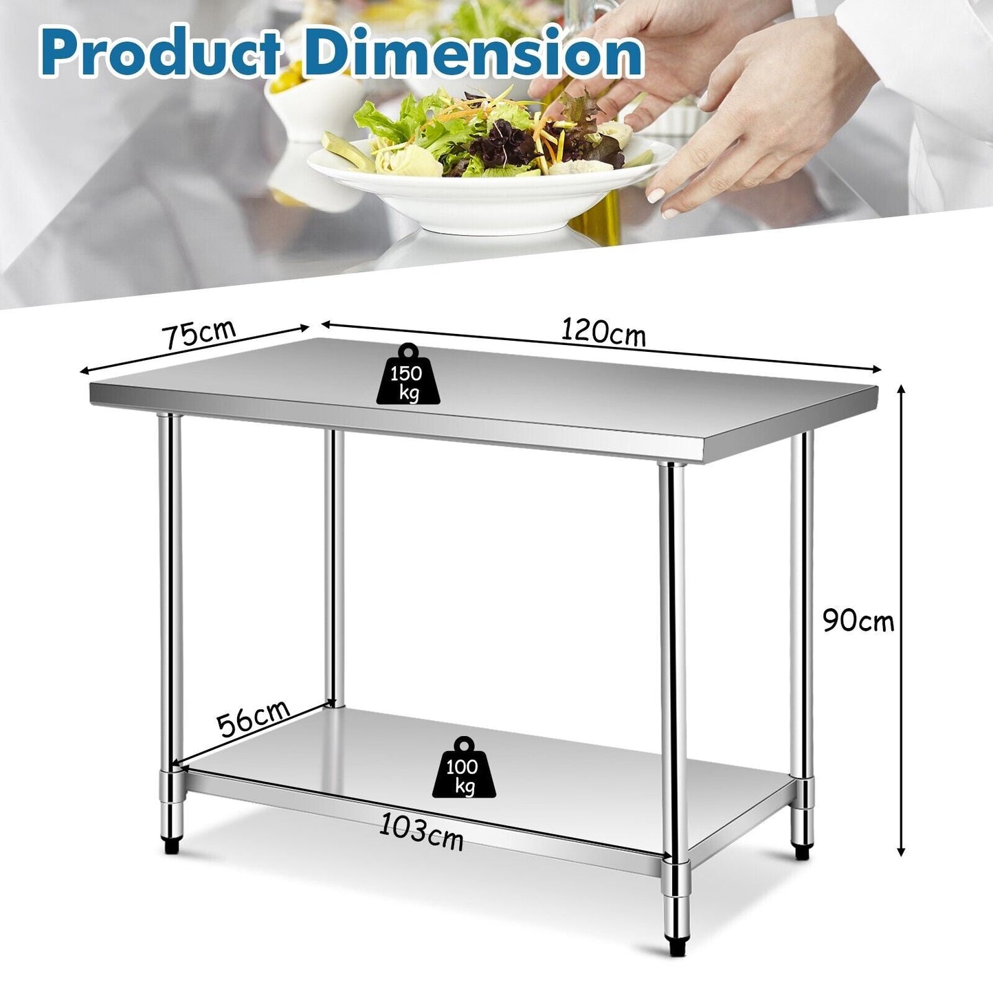 Stainless Steel Catering Table with Adjustable Undershelf and Leveling Feet