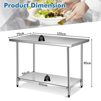 Stainless Steel Catering Table with Adjustable Undershelf and Leveling Feet