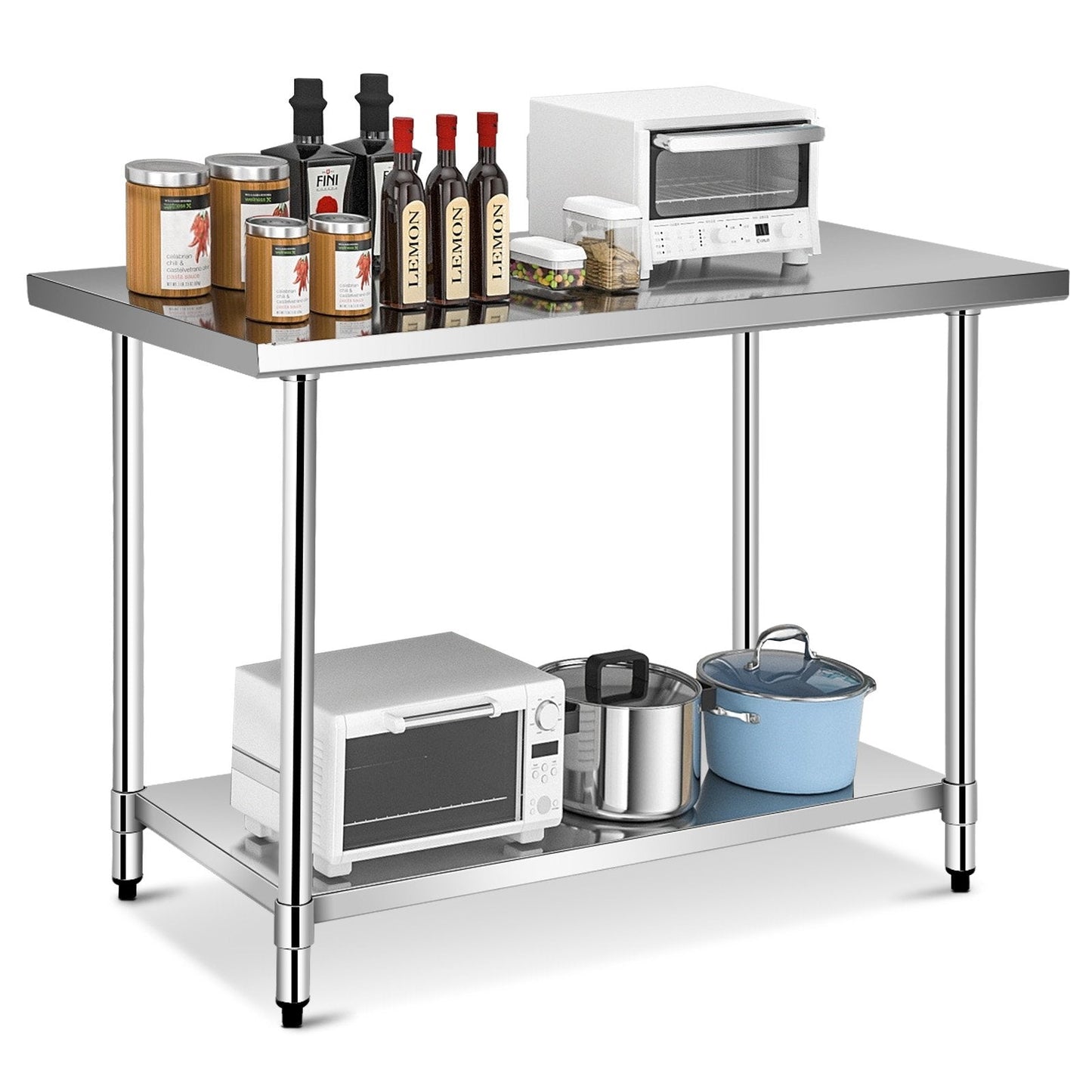 Stainless Steel Catering Table with Adjustable Undershelf and Leveling Feet