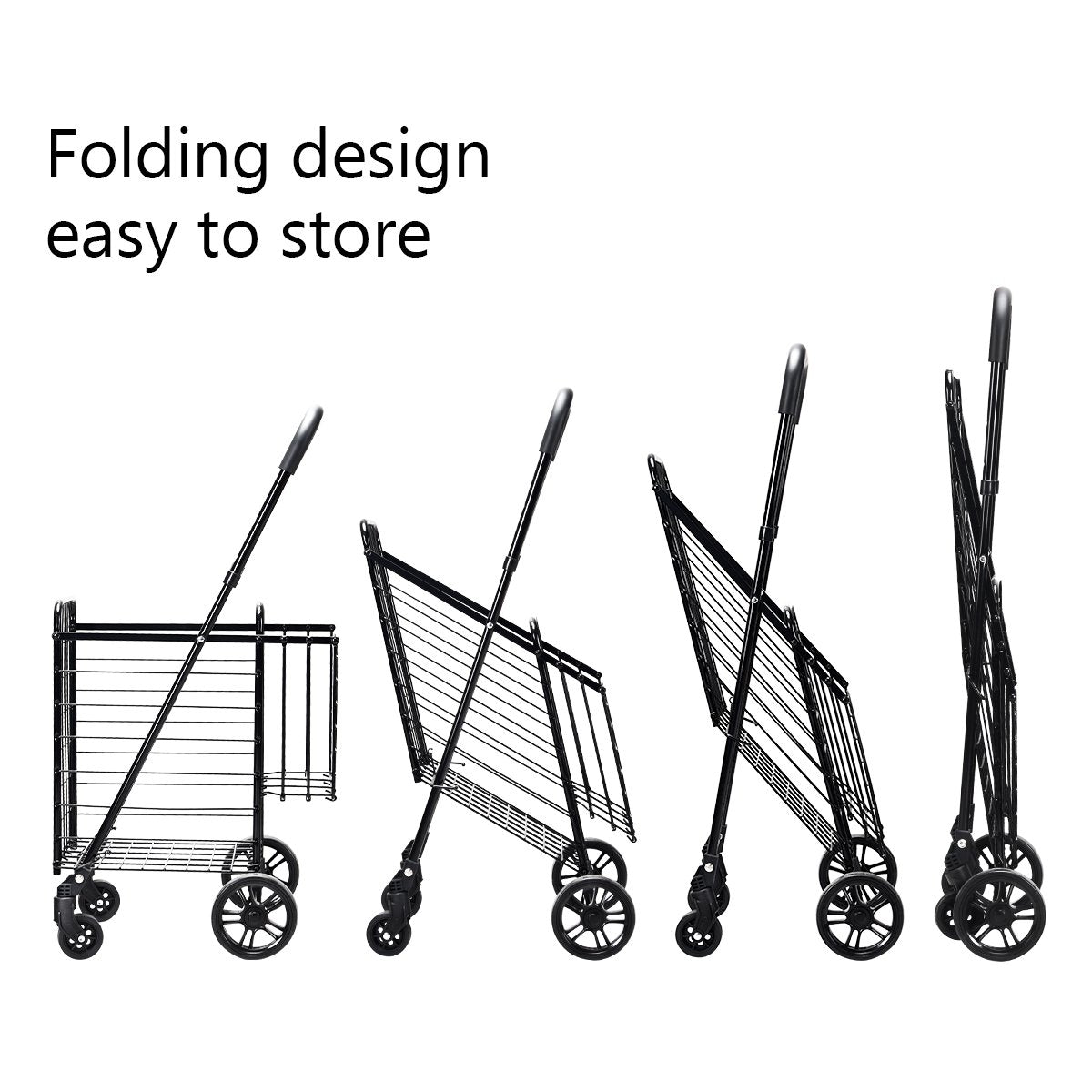 Folding Height Adjustable Shopping Trolley with Handle and Wheels-Black