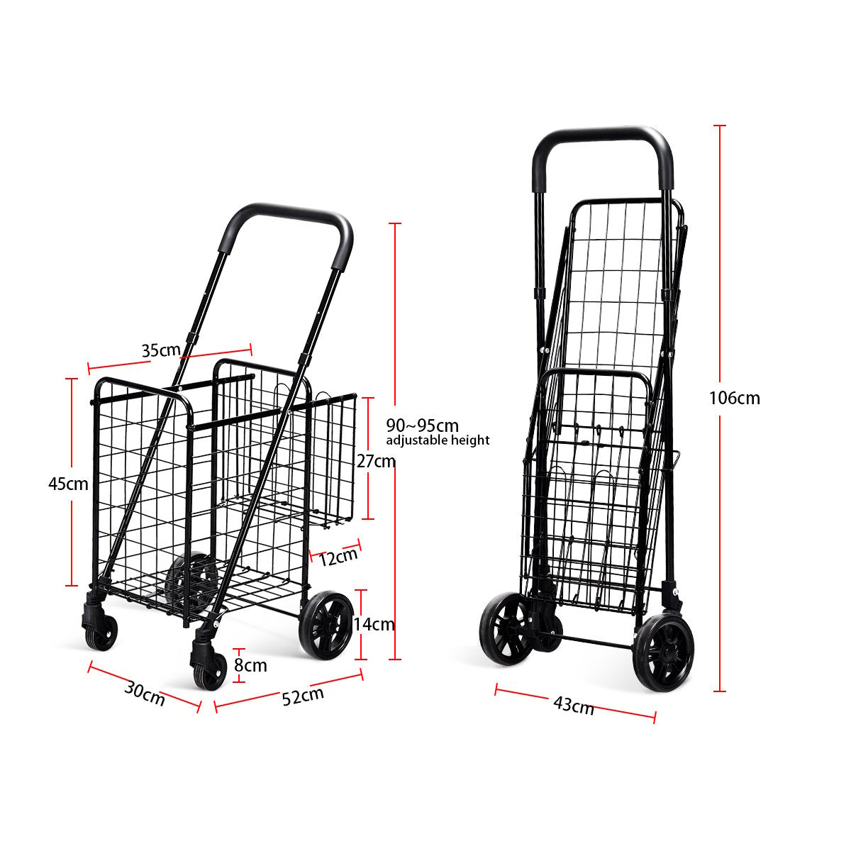 Folding Height Adjustable Shopping Trolley with Handle and Wheels-Black