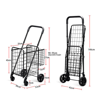 Folding Height Adjustable Shopping Trolley with Handle and Wheels-Black