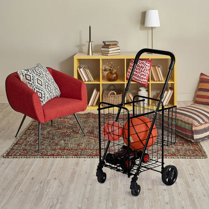 Folding Height Adjustable Shopping Trolley with Handle and Wheels-Black