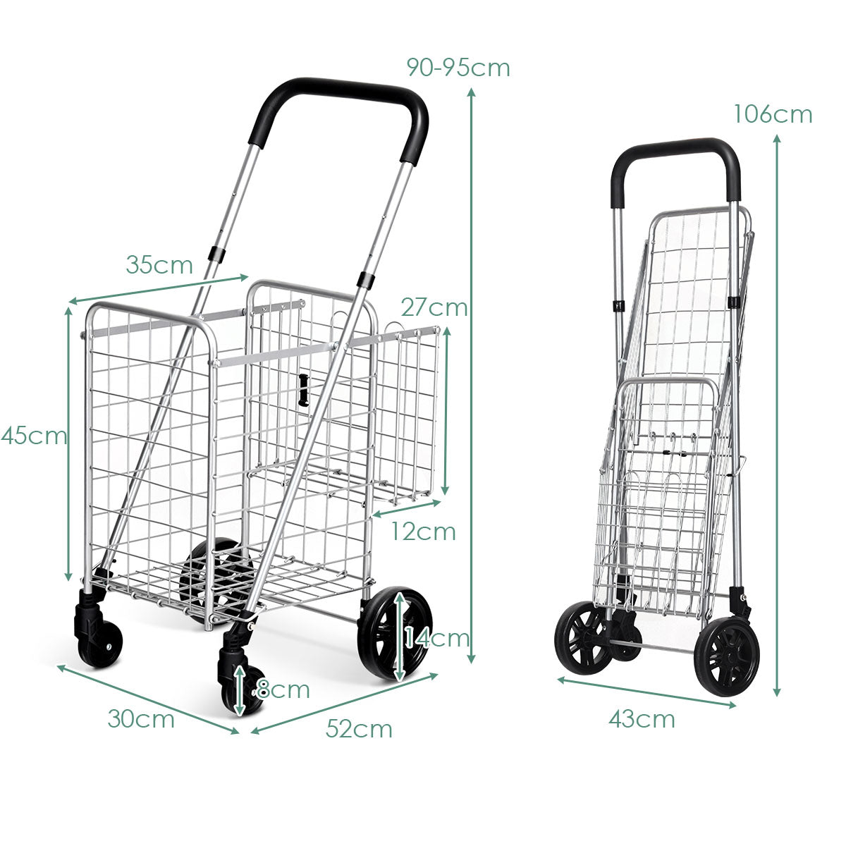 Folding Height Adjustable Shopping Trolley with Handle and Wheels-Silver