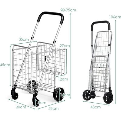 Folding Height Adjustable Shopping Trolley with Handle and Wheels-Silver