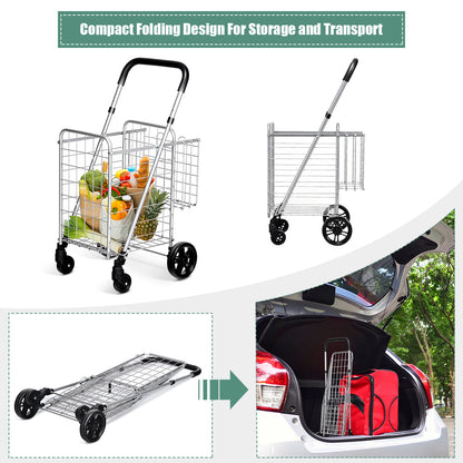 Folding Height Adjustable Shopping Trolley with Handle and Wheels-Silver