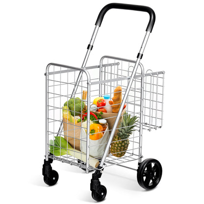 Folding Height Adjustable Shopping Trolley with Handle and Wheels-Silver