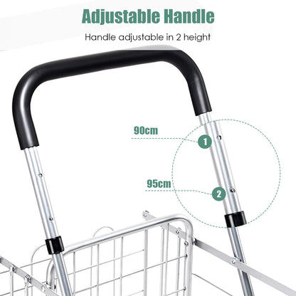 Folding Height Adjustable Shopping Trolley with Handle and Wheels-Silver