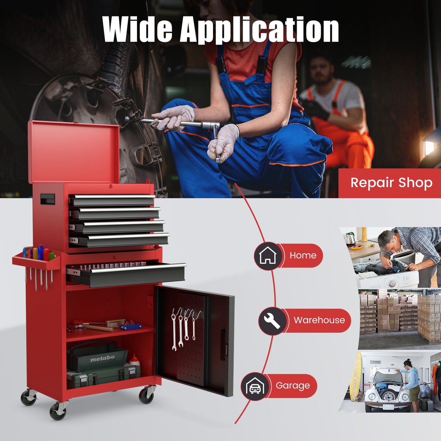 High Capacity Tool Storage Cabinet with Lockable Wheels-Black &amp; Red