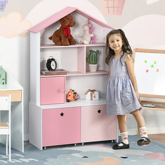 HOMCOM Dziecięca półka na książki z szufladą na kółkach, organizer na zabawki dla dzieci, stojak ekspozycyjny, szafka do przechowywania, 80x34x130cm, różowa