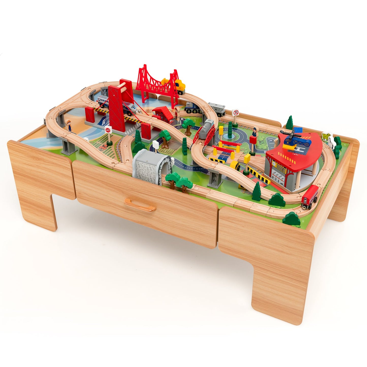 Wooden Train Track Set with Reversible Tabletop 100 Pieces Toy and Storage Drawer