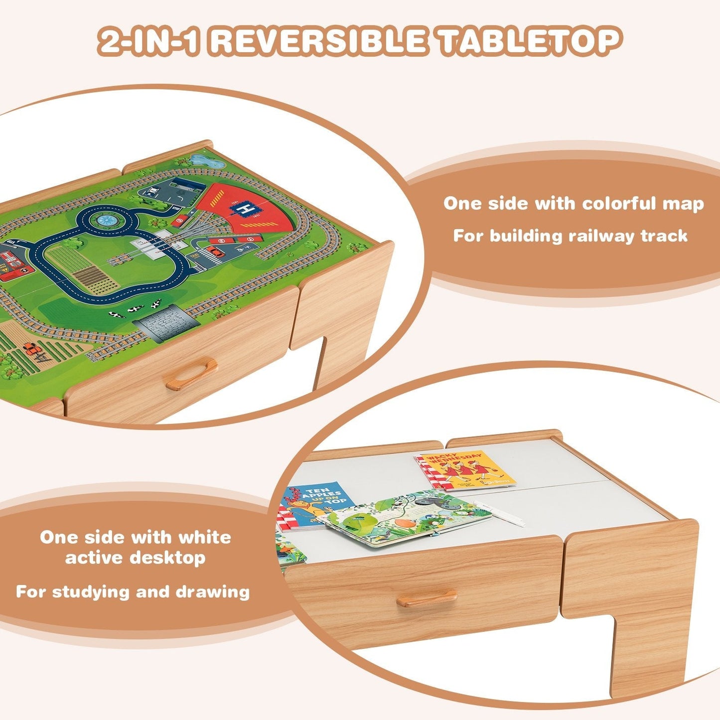 Wooden Train Track Set with Reversible Tabletop 100 Pieces Toy and Storage Drawer