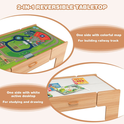 Wooden Train Track Set with Reversible Tabletop 100 Pieces Toy and Storage Drawer