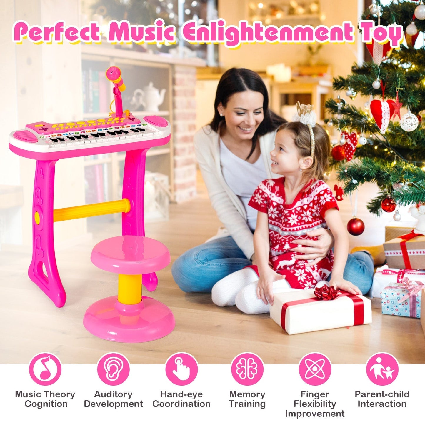 31-Key Kids Electronic Keyboard with Stool and Flashing Lights-Pink
