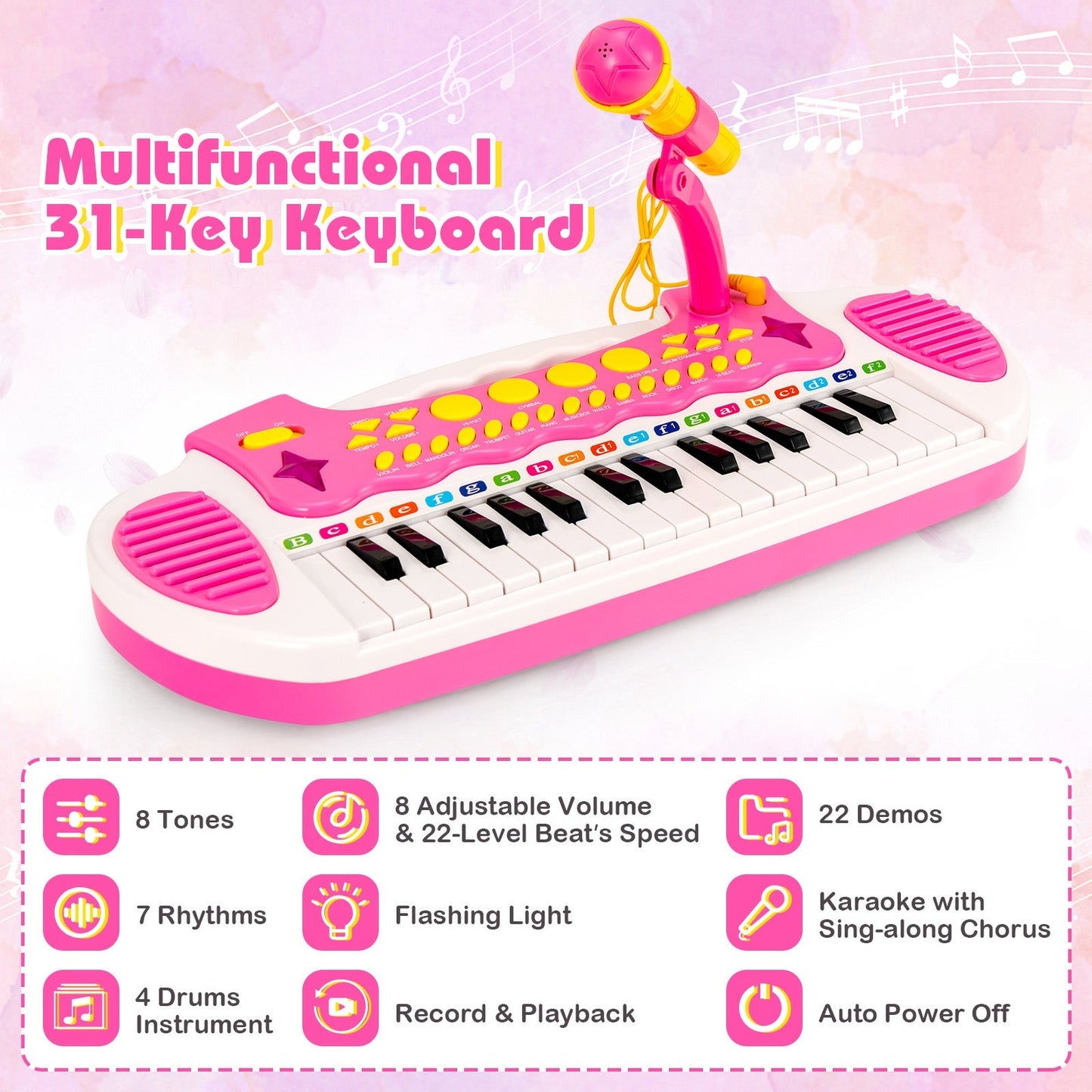 31-Key Kids Electronic Keyboard with Stool and Flashing Lights-Pink