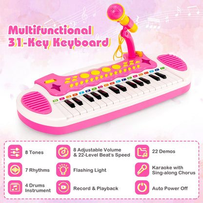 31-Key Kids Electronic Keyboard with Stool and Flashing Lights-Pink
