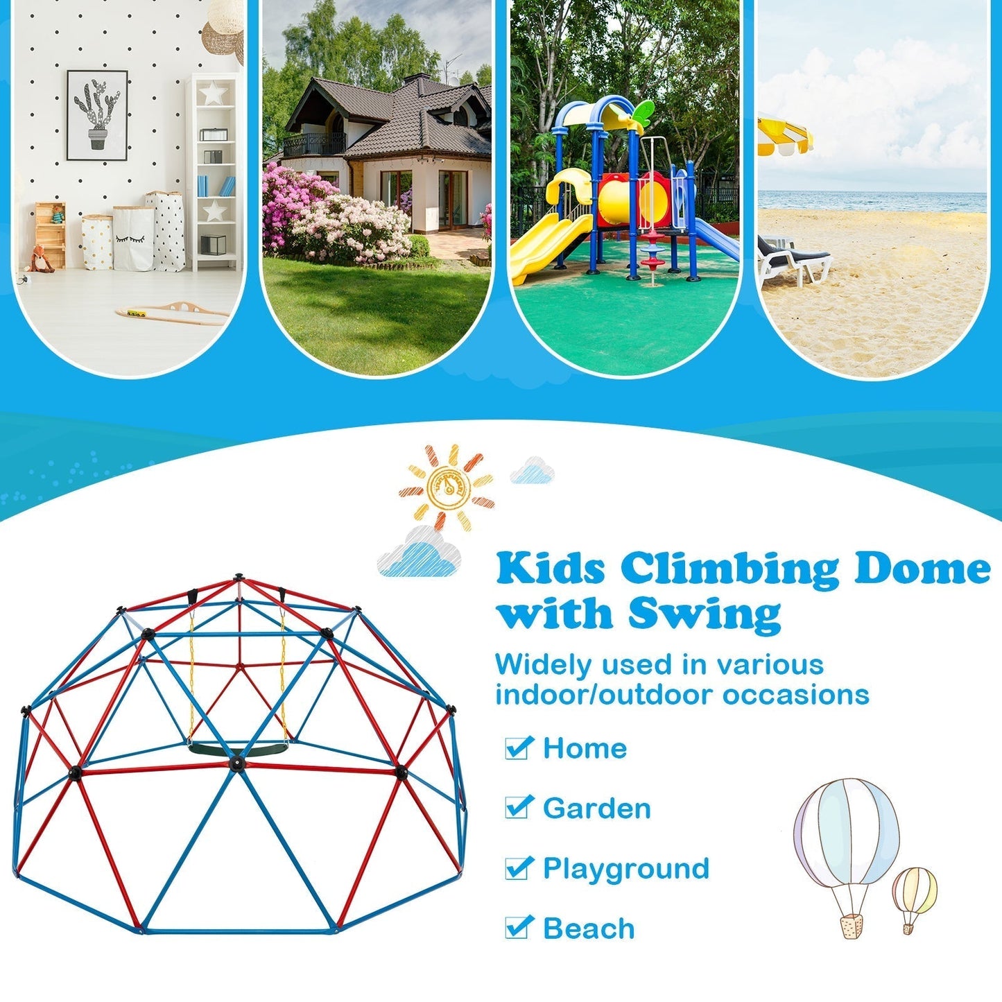 10FT Kids Geometric Dome Climber with Convenient Grip - Blue & Red