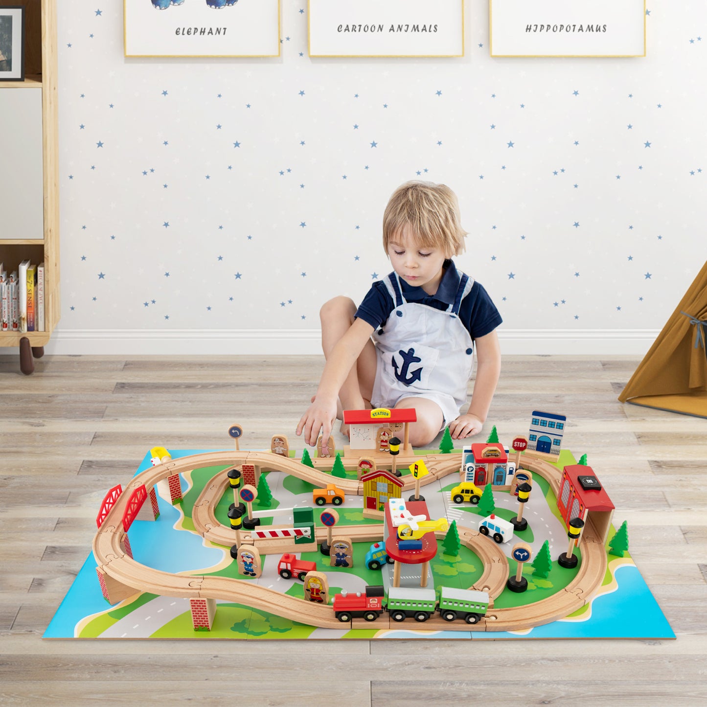 84-Piece Wooden Train Set with Reversible and Detachable Tabletop