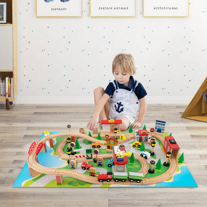 84-Piece Wooden Train Set with Reversible and Detachable Tabletop