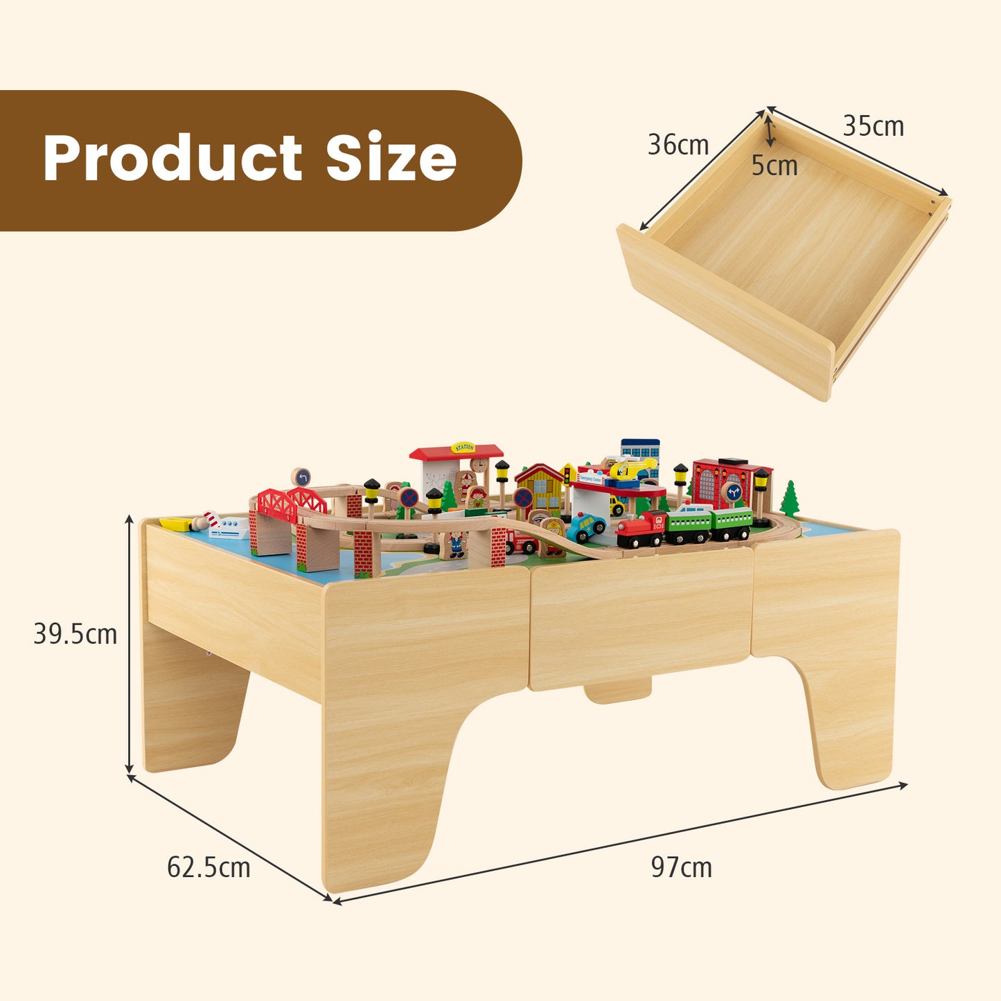 84-Piece Wooden Train Set with Reversible and Detachable Tabletop