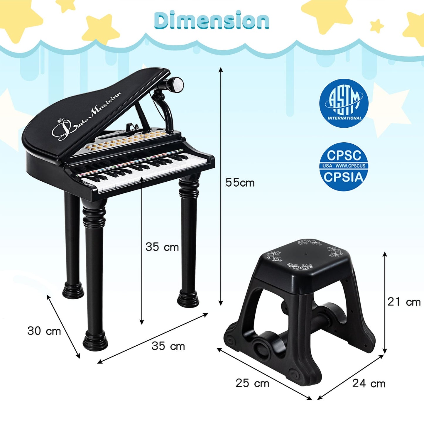 31 Keys Kids Portable Multifunctional Toy Piano with Microphone-Black