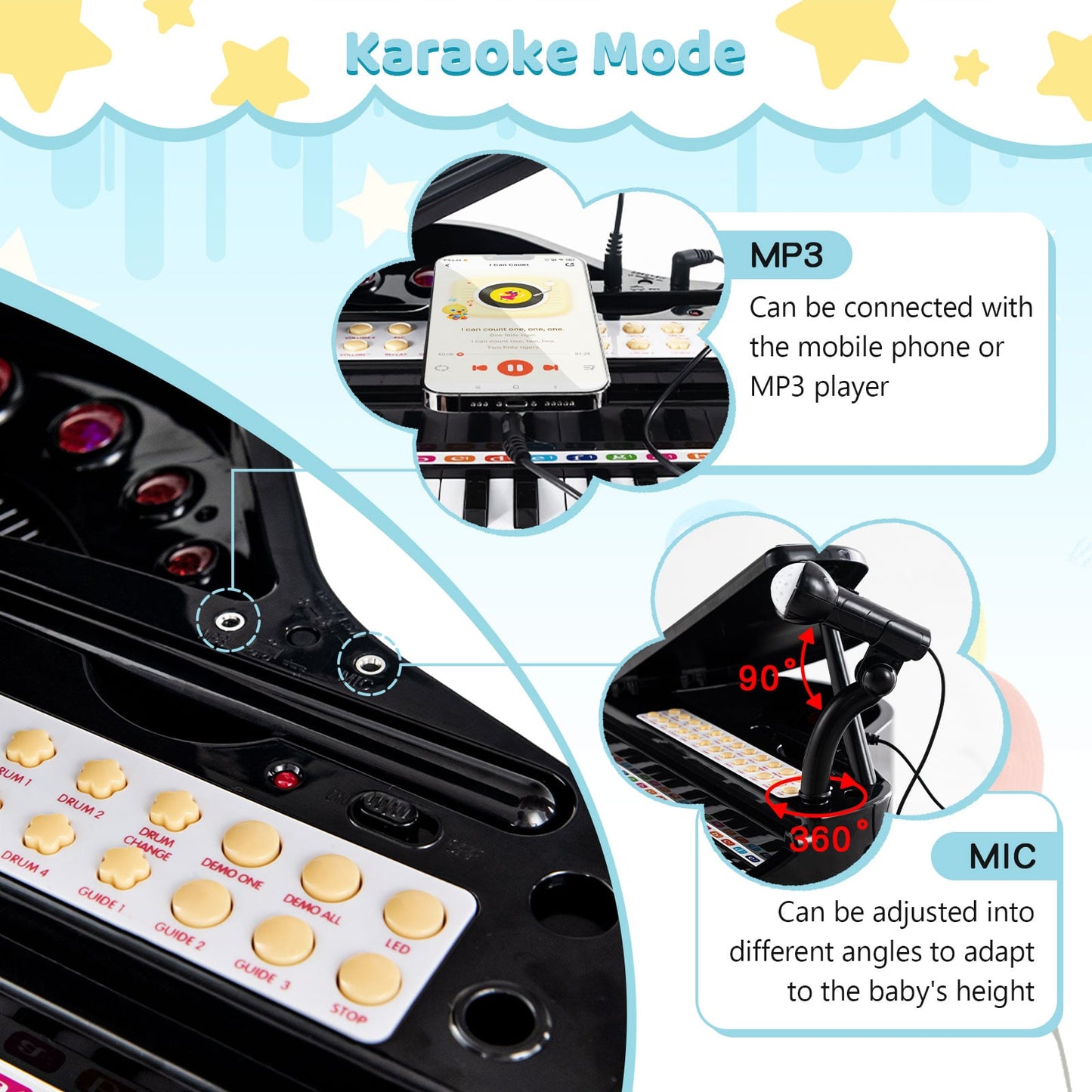 31 Keys Kids Portable Multifunctional Toy Piano with Microphone-Black