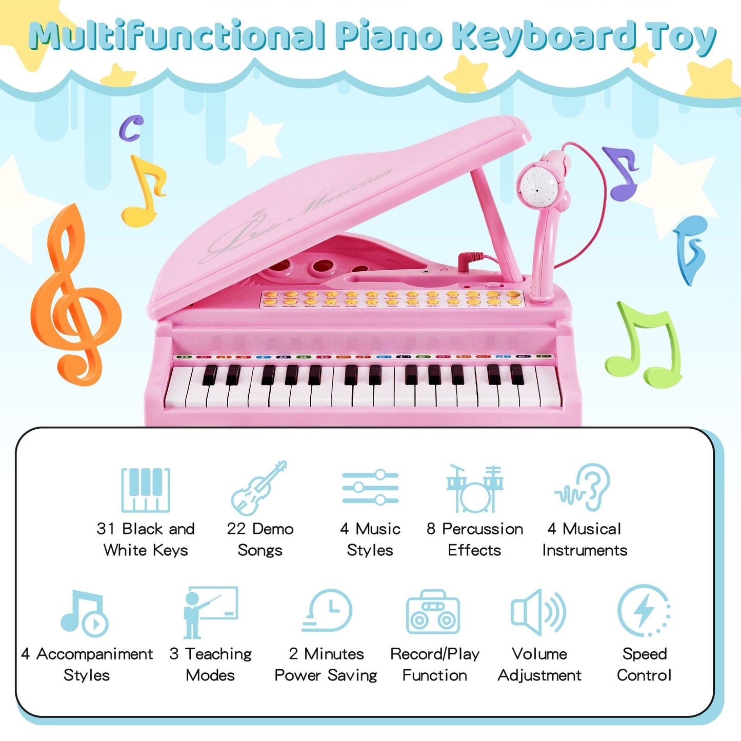31 Keys Kids Portable Multifunctional Toy Piano with Microphone-Pink