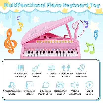 31 Keys Kids Portable Multifunctional Toy Piano with Microphone-Pink