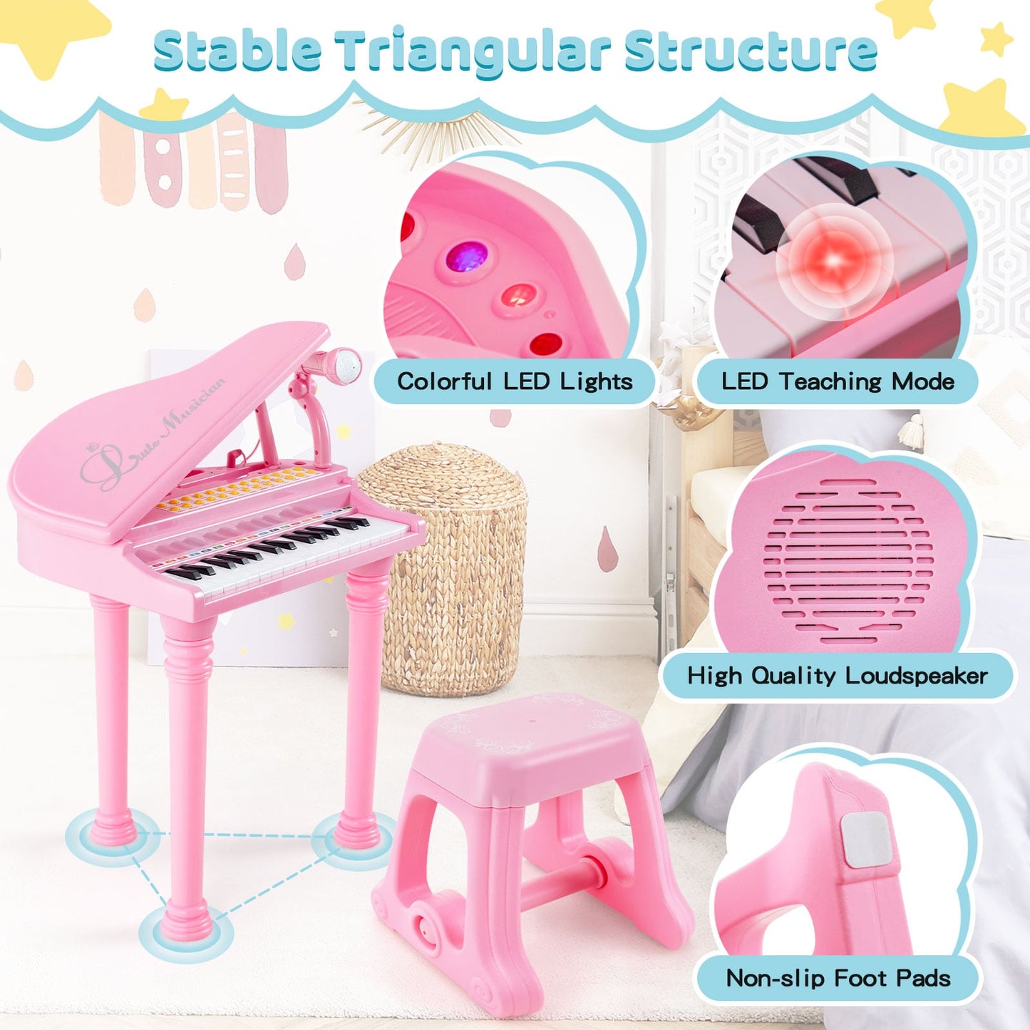 31 Keys Kids Portable Multifunctional Toy Piano with Microphone-Pink