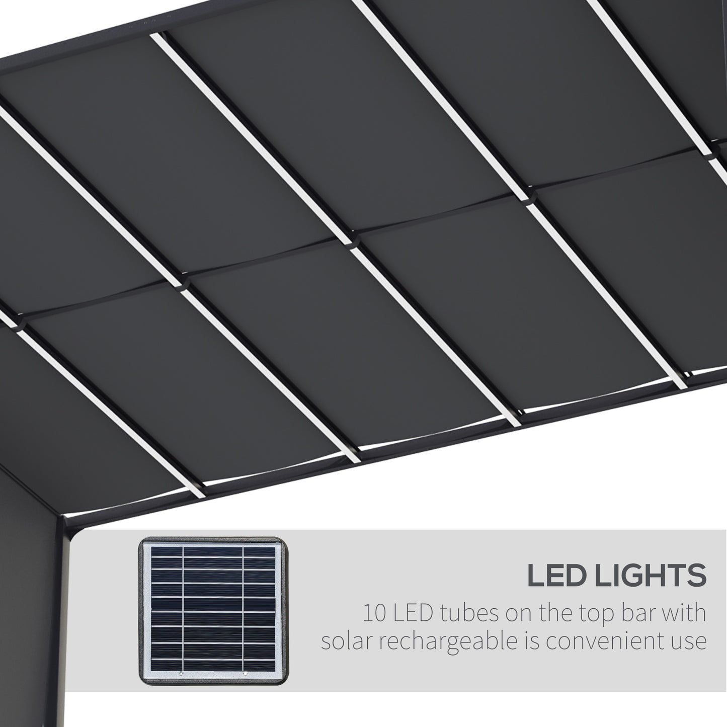 Outsunny 3(m) x 4m Metal Pergola with LED Lights, Outdoor Garden Pergola with Sliding Roof, Solar Powered, for BBQ,√Ç Lawn, Dark Grey
