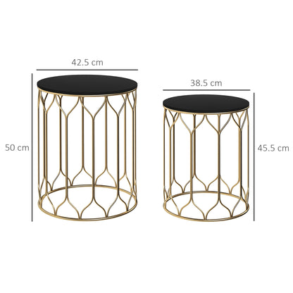 Outsunny Round Coffee Table Set of 2, Modern Nesting Tables with Ceramic Tile Top, Small End Tables, Indoor Outdoor Side Table with Metal Frame for Living Room, Bedroom, Patio, Balcony, Black