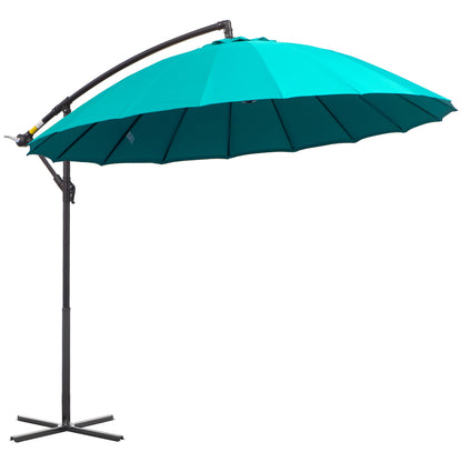 3 Metre Cantilever Shanghai Parasol Garden Hanging Banana Sun Umbrella with Crank Handle, 18 Sturdy Ribs and Cross Base, Turquoise