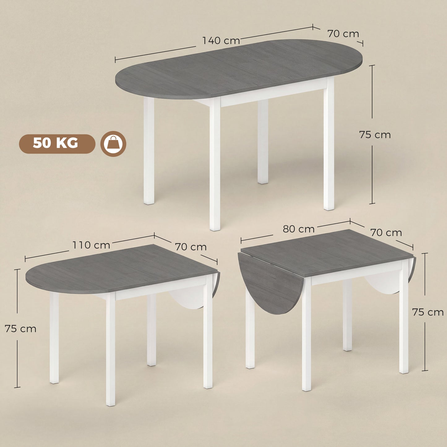 HOMCOM 4-6 Person Wooden Drop-Leaf Table - Grey
