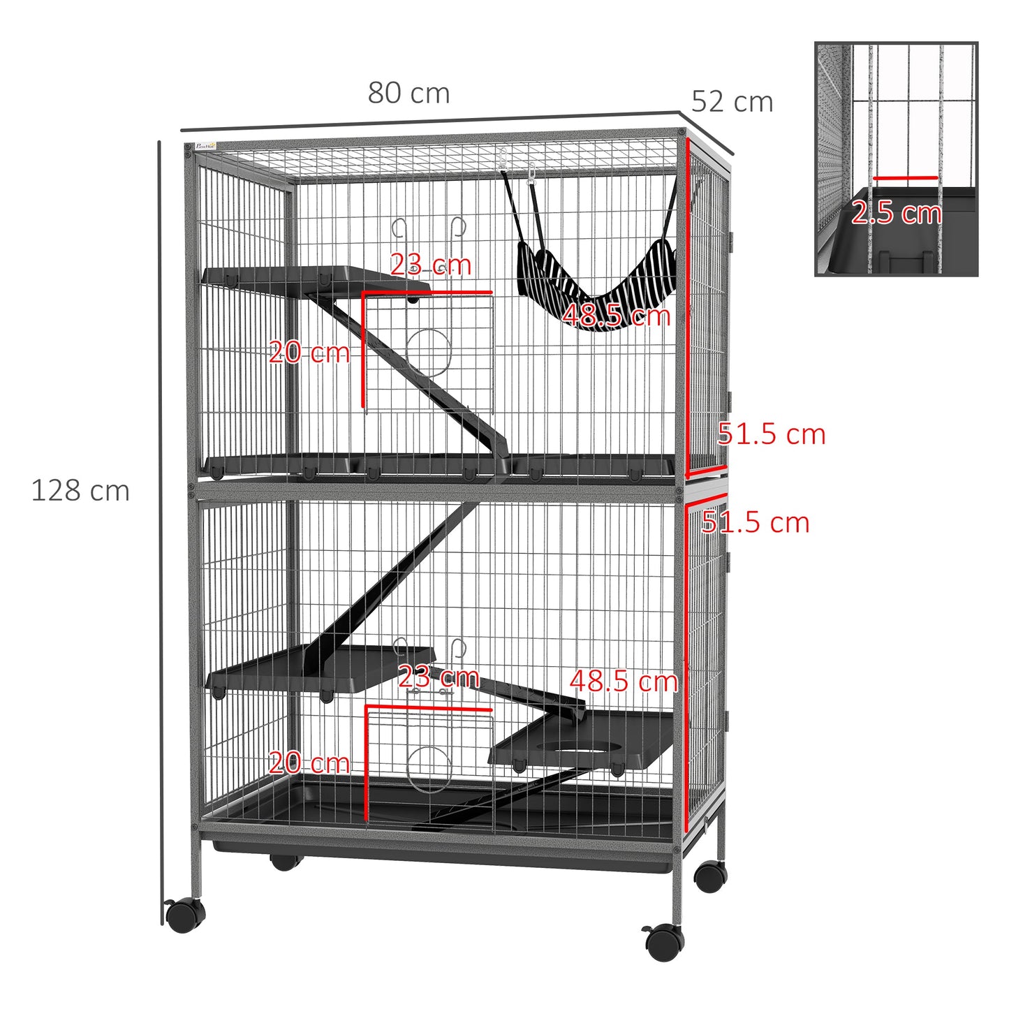 PawHut Small Animal Cage for Chinchilla Ferret Kitten on Wheels with Hammock Removable Tray, Grey