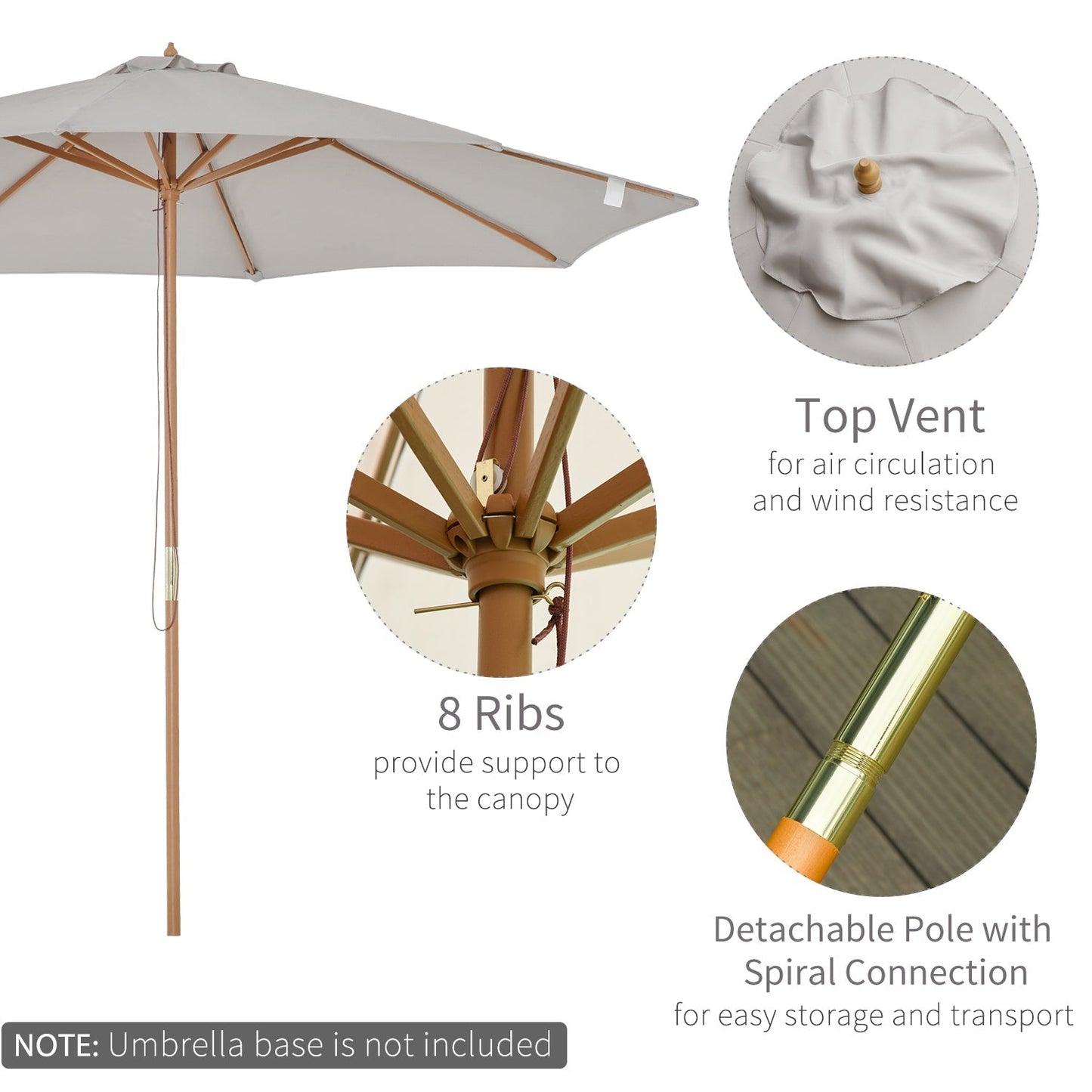 Outsunny 3m Fir Wooden Garden Parasol Bamboo Sun Shade Patio Outdoor Umbrella Canopy, Grey