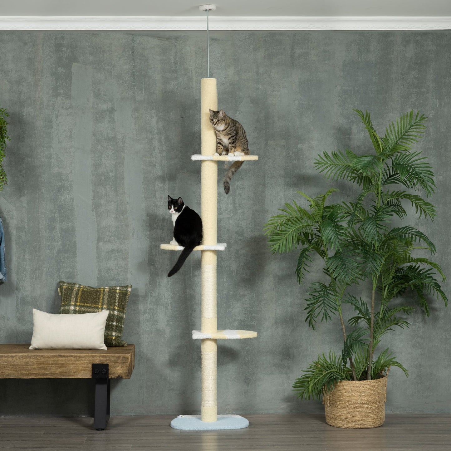 PawHut Cat Tower Cat Tree Cat Stand 260cm Floor to Ceiling, Height Adjustable with Anti-slip Kit and Scratching Post Ball Yellow