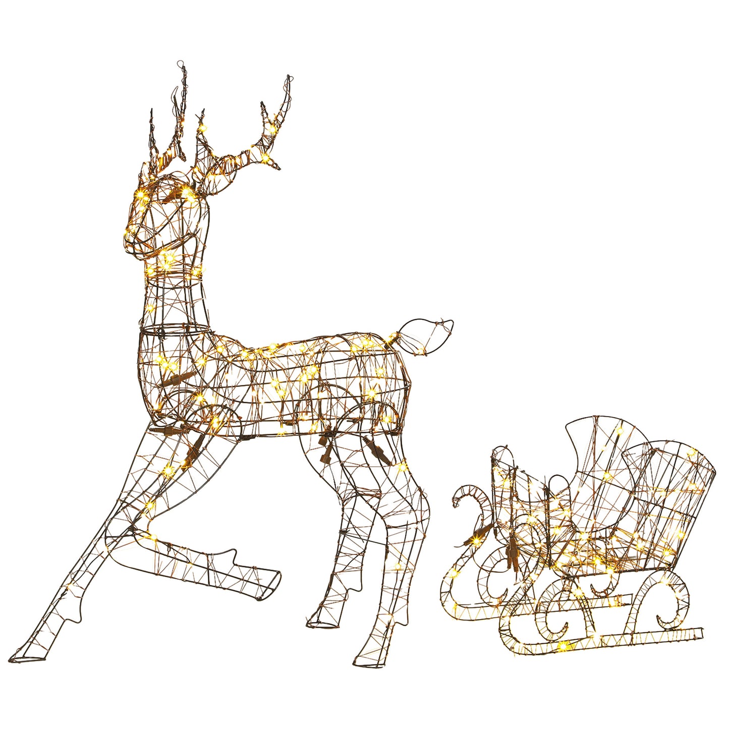 Outsunny Lighted Reindeer and Sleigh Set, 2-Piece PP Rattan Outdoor Christmas Decoration with LEDs, 8 Modes, Daily Timer