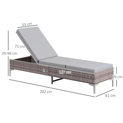 طقم كرسي استرخاء خارجي من الروطان PE من Outsunny مكون من قطعتين، مسند ظهر متعدد الأوضاع قابل للتعديل، كرسي استرخاء نهاري مع وسادة قابلة للإزالة والغسل، للفناء والحديقة، رمادي فاتح
